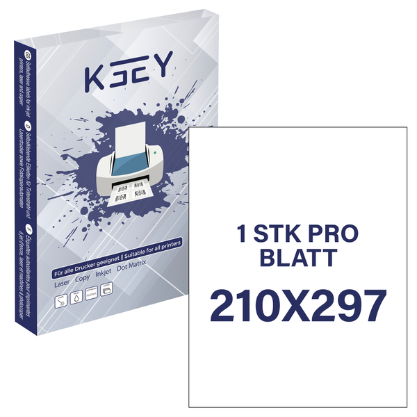 Selbstklebende Etiketten, 100 Blatt DINA4, 1 Etikett pro Blatt, 210x297mm