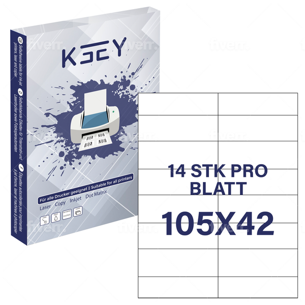 Selbstklebende Etiketten, 100 Blatt DINA4, 14 Etiketten pro Blatt, 105x42mm